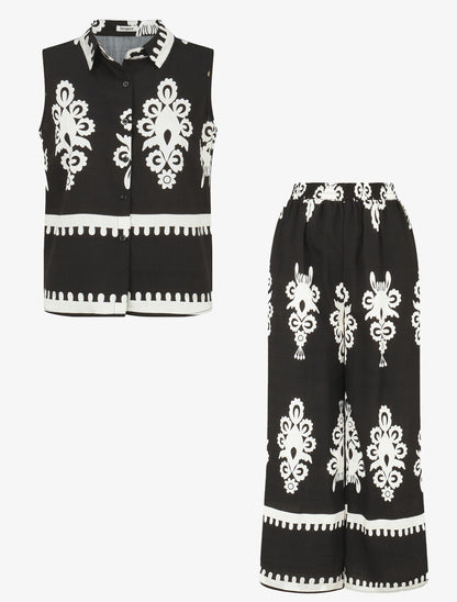 Ensemble top sans manches et pantalon imprimé ikat - Noir - 7