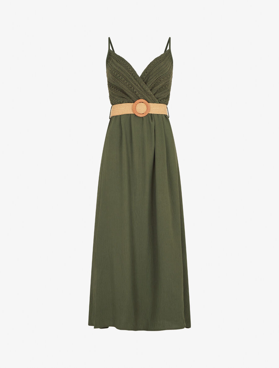 Robe longue à bretelles et décolleté en crochet - Kaki - 1