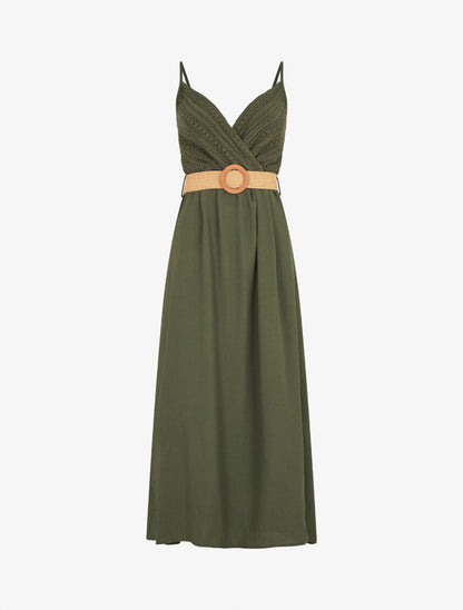 Robe longue à bretelles et décolleté en crochet - Kaki - 1