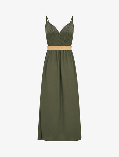 Robe longue à bretelles et décolleté en crochet - Kaki - 2
