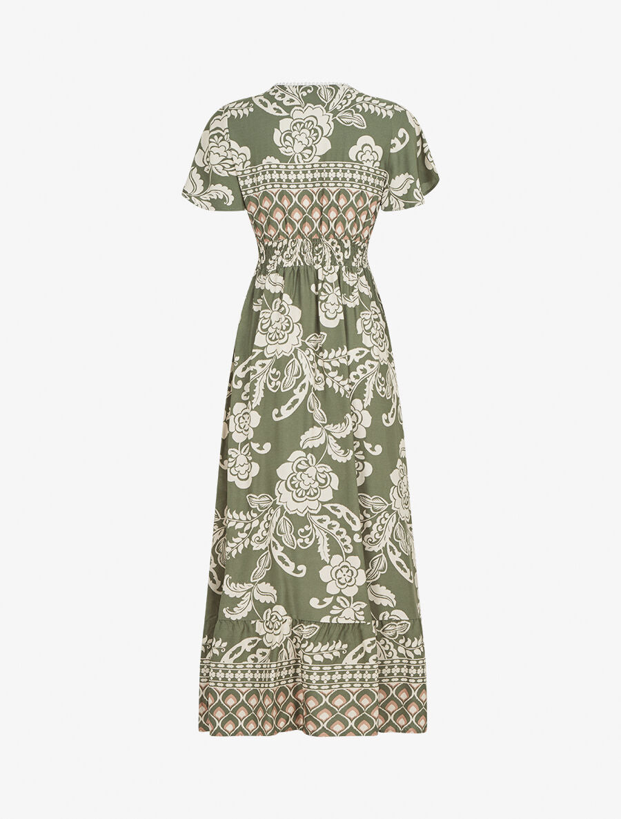 Robe longue fleurie à manches courtes - Vert - 2