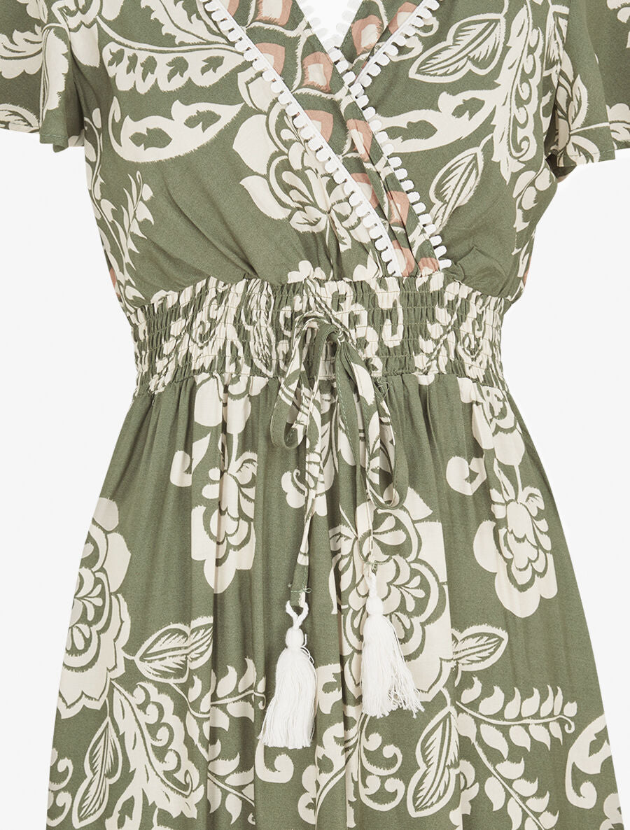 Robe longue fleurie à manches courtes - Vert - 3