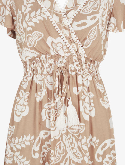 Robe longue fleurie à manches courtes - Beige - 3