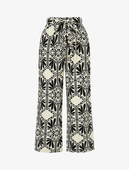 Pantalon imprimé ikat à taille haute élastiquée - Noir - 1