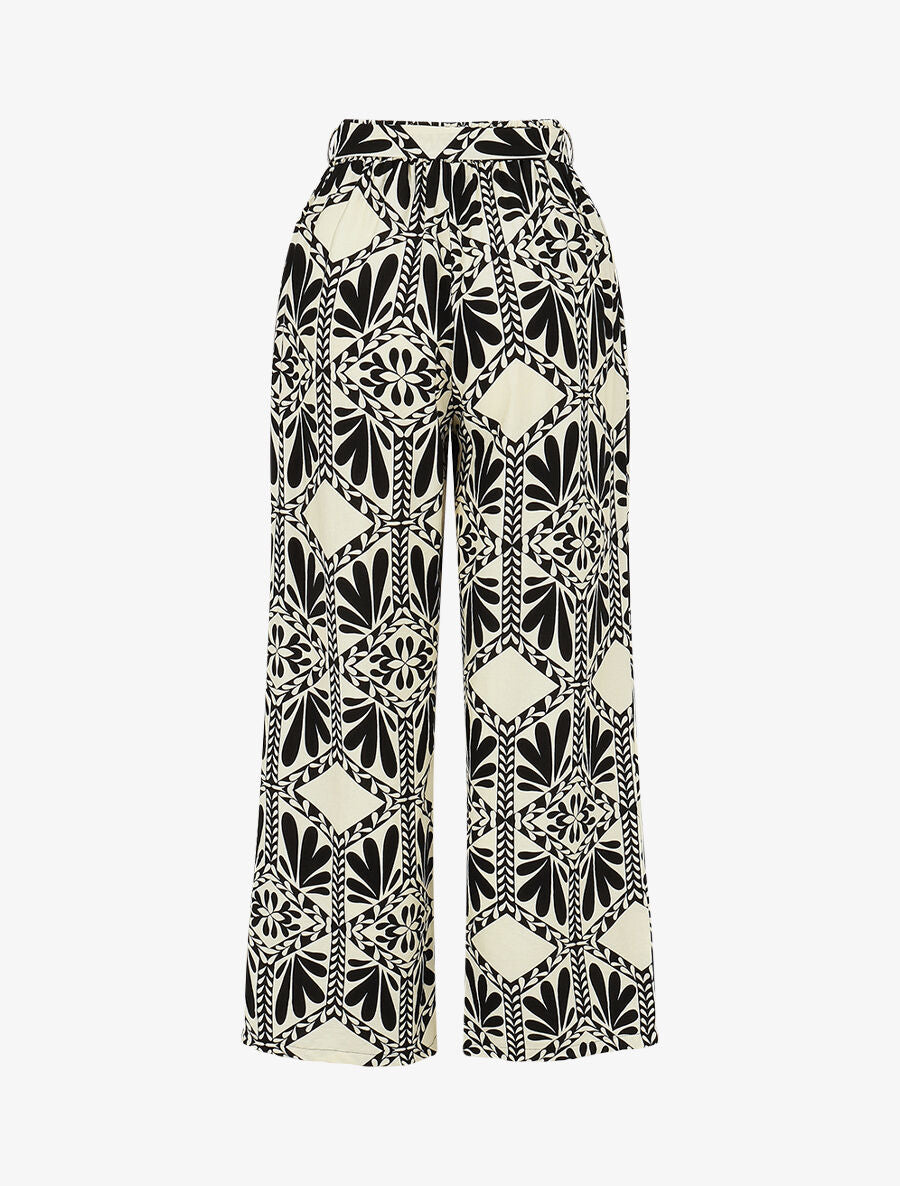 Pantalon imprimé ikat à taille haute élastiquée - Noir - 2