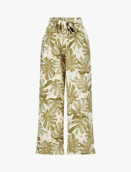 Pantalon imprimé feuilles à taille haute élastiquée - Kaki - 4
