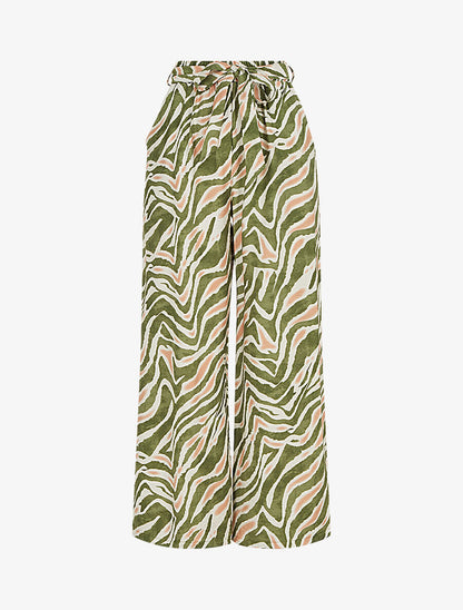 Pantalon imprimé fantaisie à taille haute élastiquée - Kaki - 1