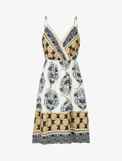 Robe mi-longue à bretelles imprimé arabesque - Noir - 1