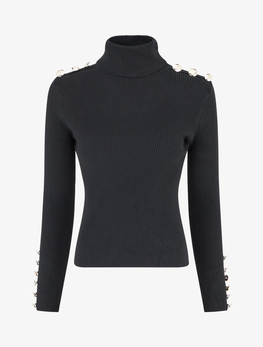 Pull côtelé à col roulé et boutons - Noir - 1
