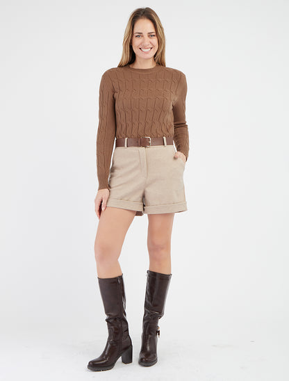 Suéter recto de punto trenzado - Topo