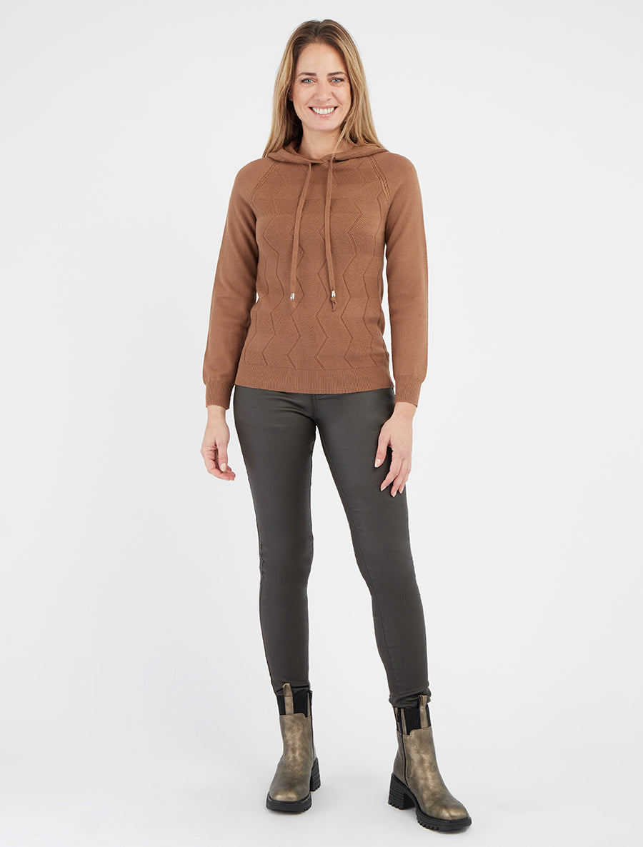 Sudadera con capucha de punto zig-zag - Camello