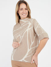 Jersey holgado gráfico con cuello alto y mangas cortas. - Topo claro