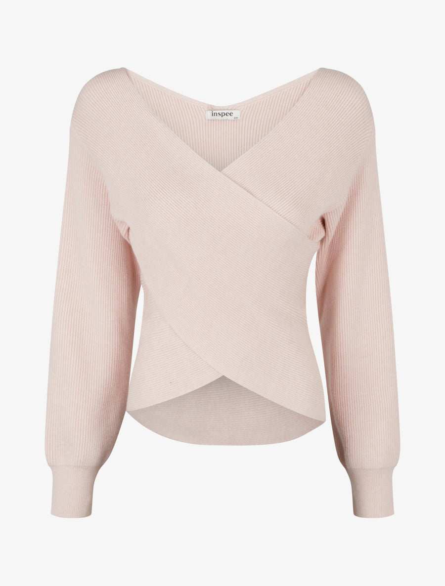Jersey liso de canalé con cuello cruzado - Rosa