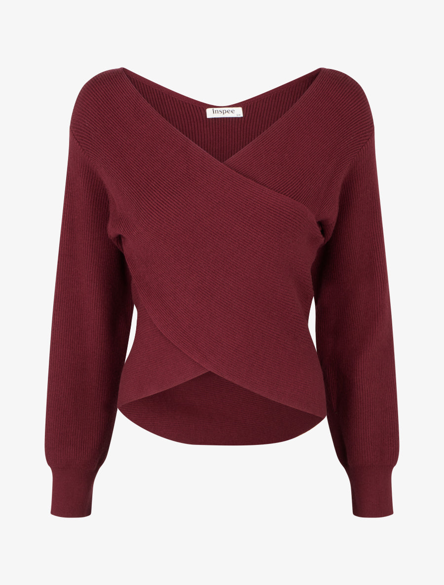 Jersey liso de canalé con cuello cruzado - Burdeos