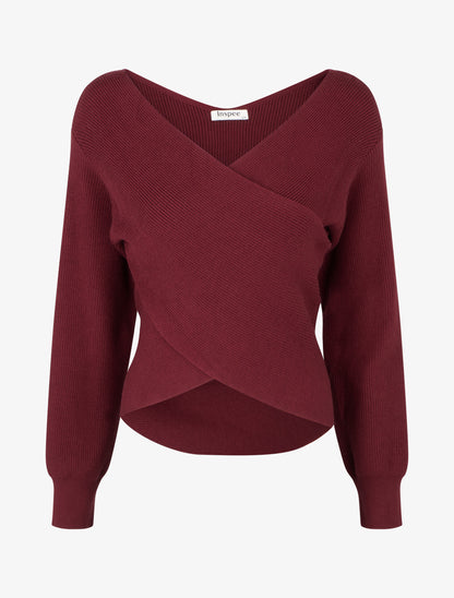 Jersey liso de canalé con cuello cruzado - Burdeos
