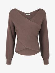 Jersey liso de canalé con cuello cruzado - Marrón