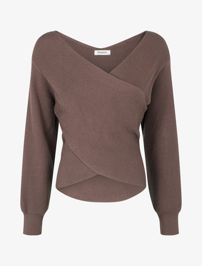 Jersey liso de canalé con cuello cruzado - Marrón