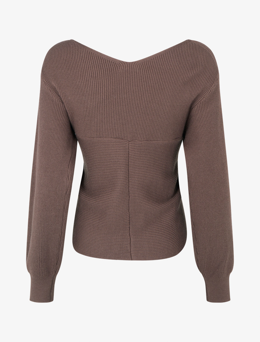 Jersey liso de canalé con cuello cruzado - Marrón