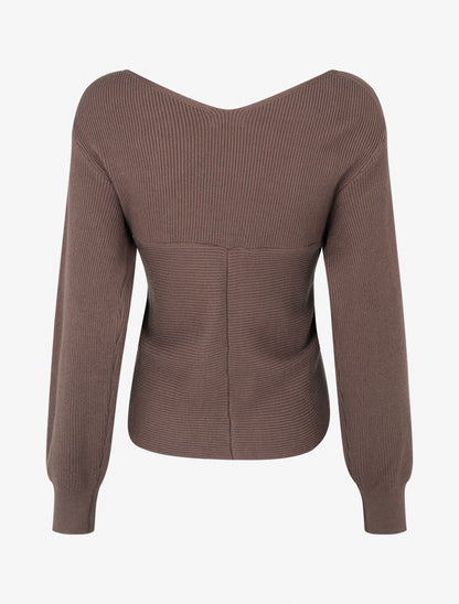 Jersey liso de canalé con cuello cruzado - Marrón