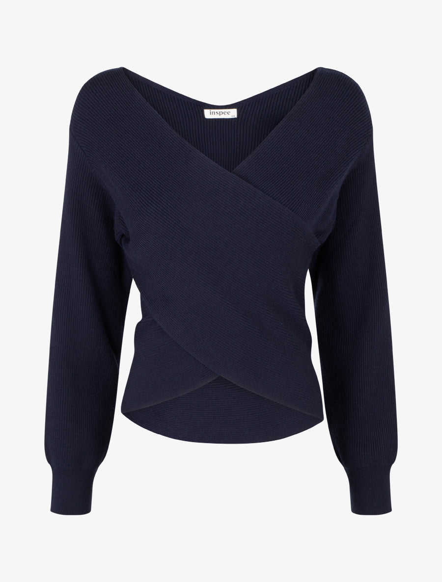 Jersey liso de canalé con cuello cruzado - Marine