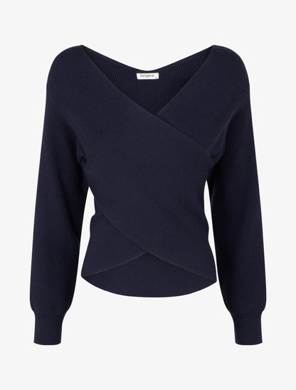 Jersey liso de canalé con cuello cruzado - Marine
