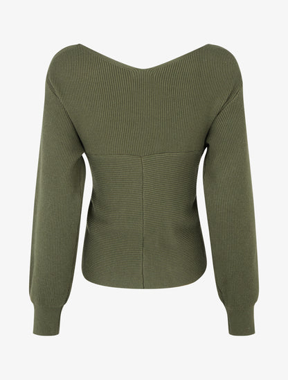 Jersey liso de canalé con cuello cruzado - Caqui