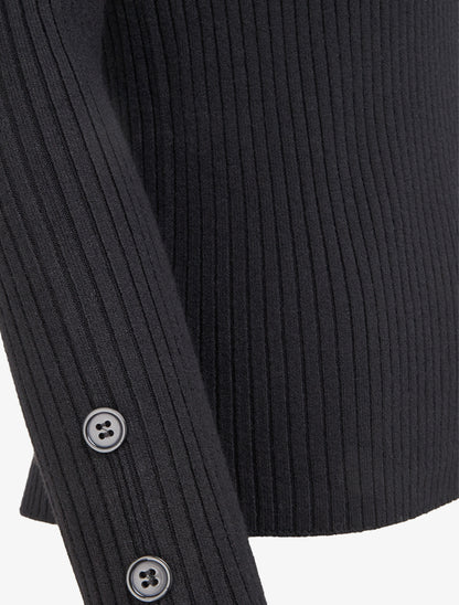 Pull côtelé moulant à col V à boutons décoratifs - Noir - 3