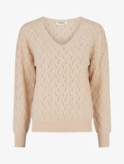 Pull uni à col V et détail ajouré - Beige - 1