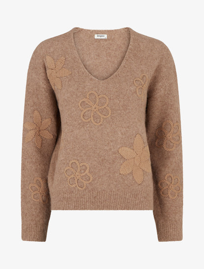 Pull duveteux à fleurs brodées - Camel - 1