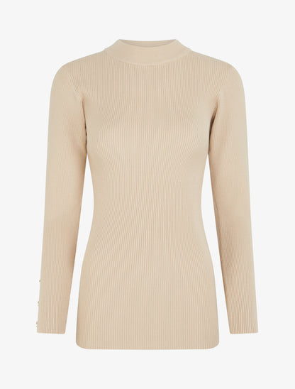 Pull côtelé à col montant - Beige - 1