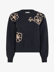 Pull en maille à broderies fleurs - Noir - 1