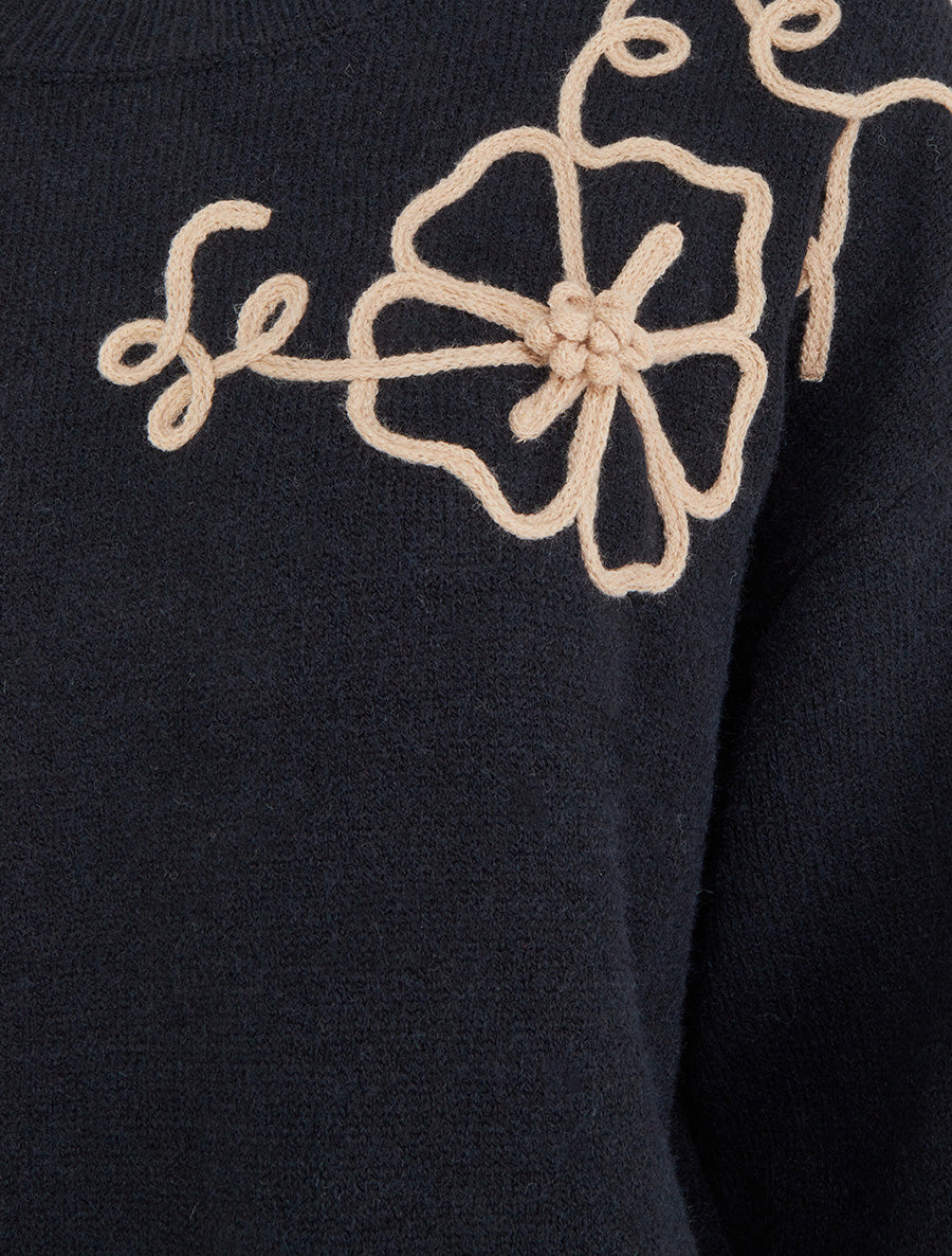 Pull en maille à broderies fleurs - Noir - 3