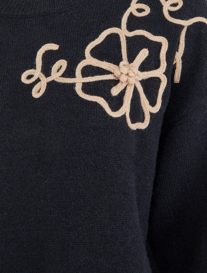 Pull en maille à broderies fleurs - Noir - 3