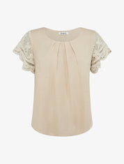 Top uni à manches courtes brodées - Beige - 1