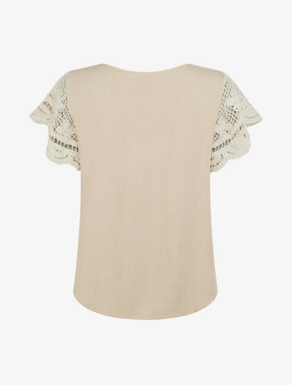 Top uni à manches courtes brodées - Beige - 2