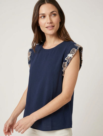 Top unido con mangas bordadas - Marine