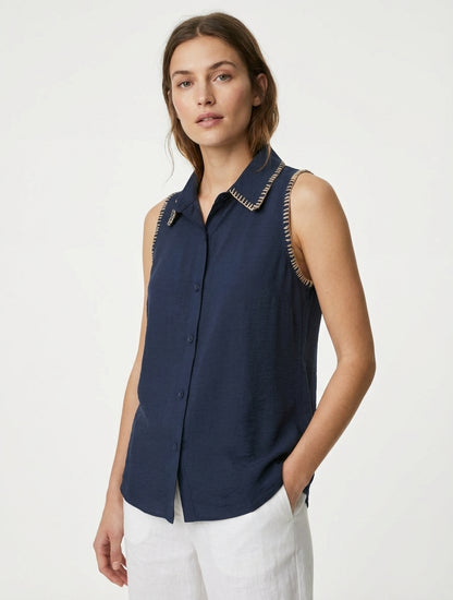Blusa lisa sin mangas abotonada - Marine
