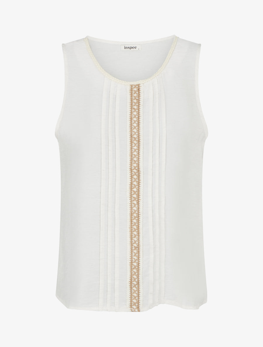 Top sans manches à col rond et broderie - Écru - 1