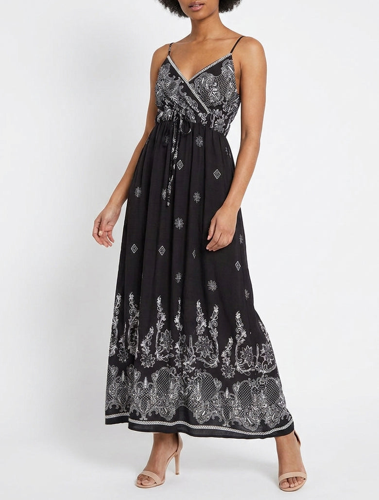 Vestido largo estampado con arabescos florales - Negro