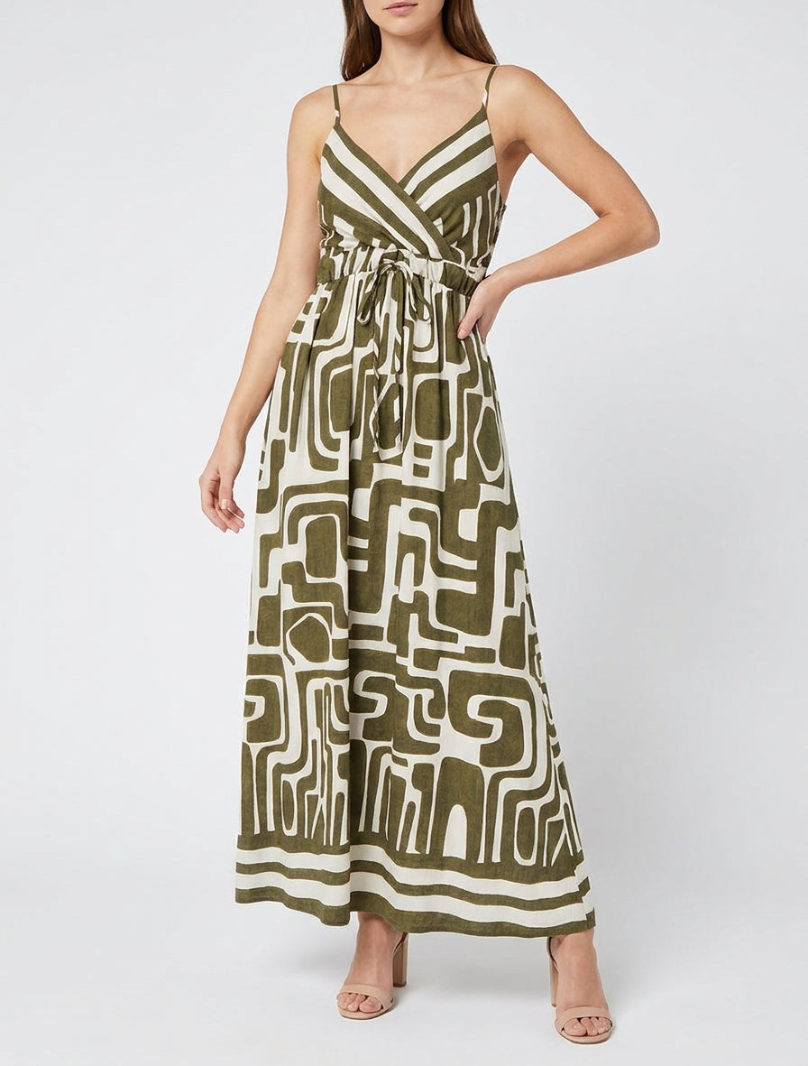 Vestido largo estampado gráfico - Caqui