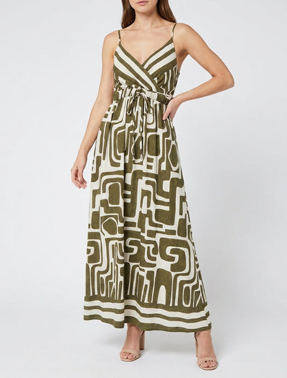 Vestido largo estampado gráfico - Caqui