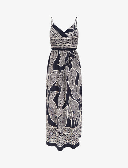 Robe longue imprimé feuilles stylisées - Marine - 2