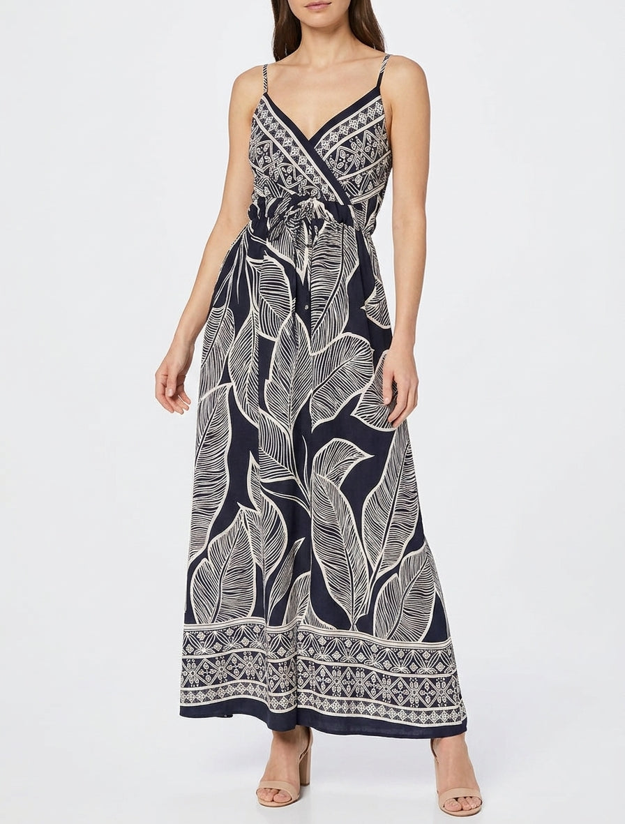 Vestido largo con estampado de hojas estilizadas - Marine