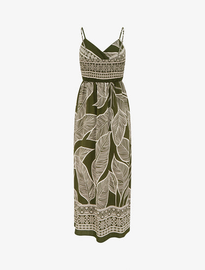 Robe longue imprimé feuilles stylisées - Kaki - 2