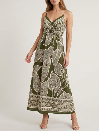 Vestido largo con estampado de hojas estilizadas - Caqui