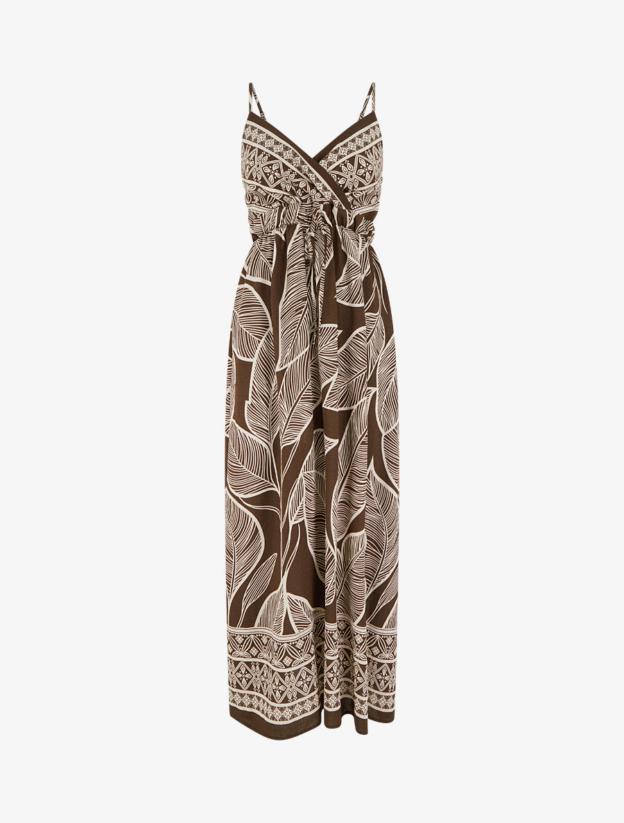 Robe longue imprimé feuilles stylisées - Marron - 1