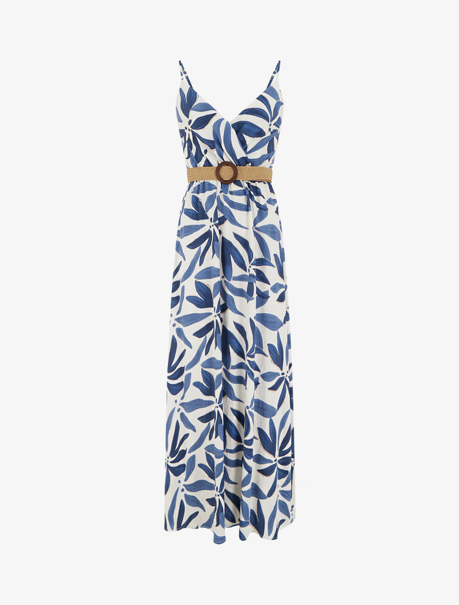 Robe longue évasée imprimé végétal - Marine - 1