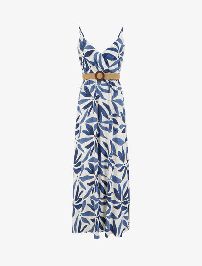 Robe longue évasée imprimé végétal - Marine - 1