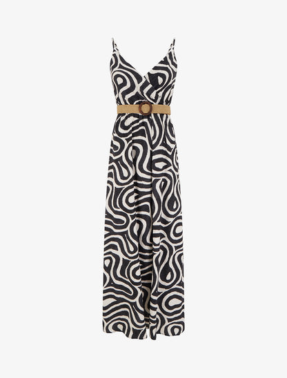 Robe longue évasée imprimé courbes fantaisies - Noir - 1