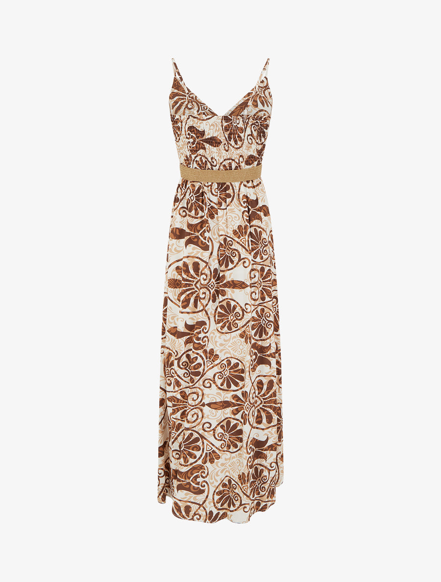 Robe longue évasée imprimé arabesques stylisés - Marron - 2